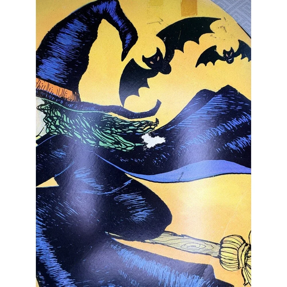 Vintage Eureka Halloween Witch on Broomstick & Bats Die-Cut Decor Cardboard Sign